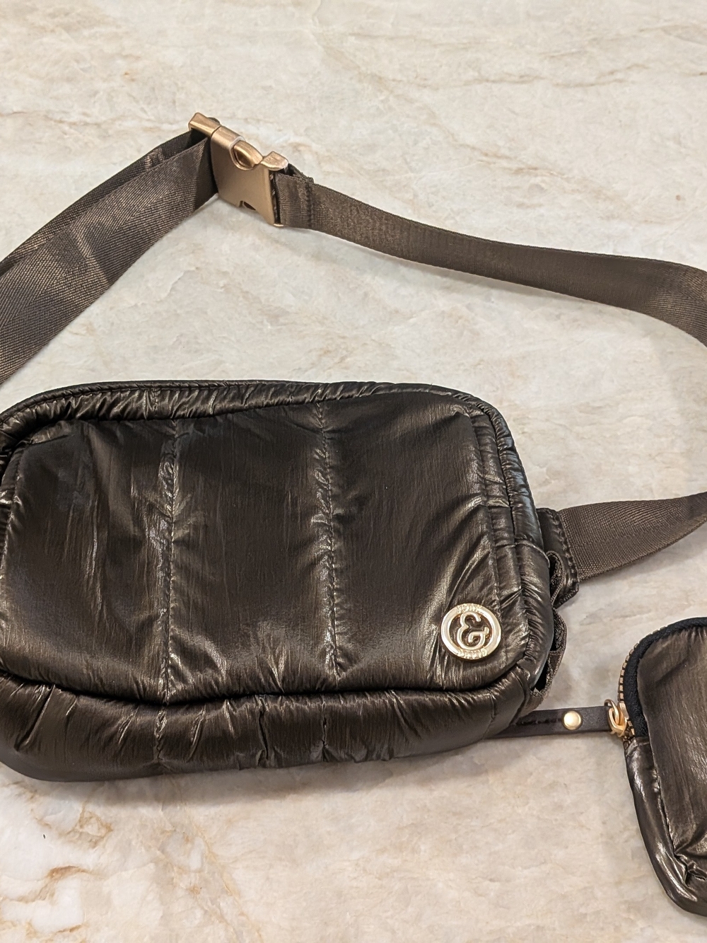 Joan & David Metallic Brown Quilted Crossbody Bag with Logo Accent
